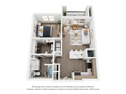 Floor plan for 1 bed, 1 bath, 750 sqft